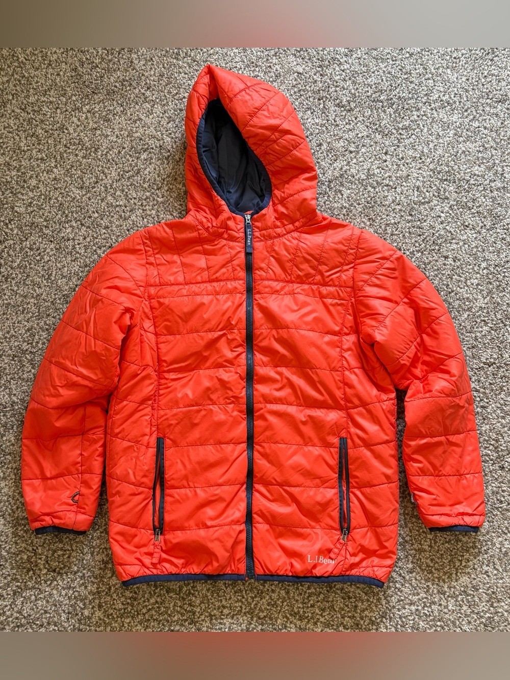 LL Bean Puffer Jacket Youth L 14-16 Orange Hooded Primaloft Full Zip